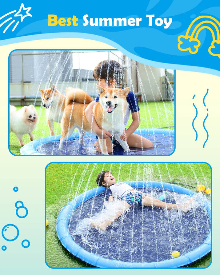 Summer Splash Pad for Dogs & Kids - Anti-Slip Dog Pool for Large Dogs, 0.58 mm Thickened Durable Outdoor Water Play Mat, Summer Sprinkler Toy for Backyard (Blue)