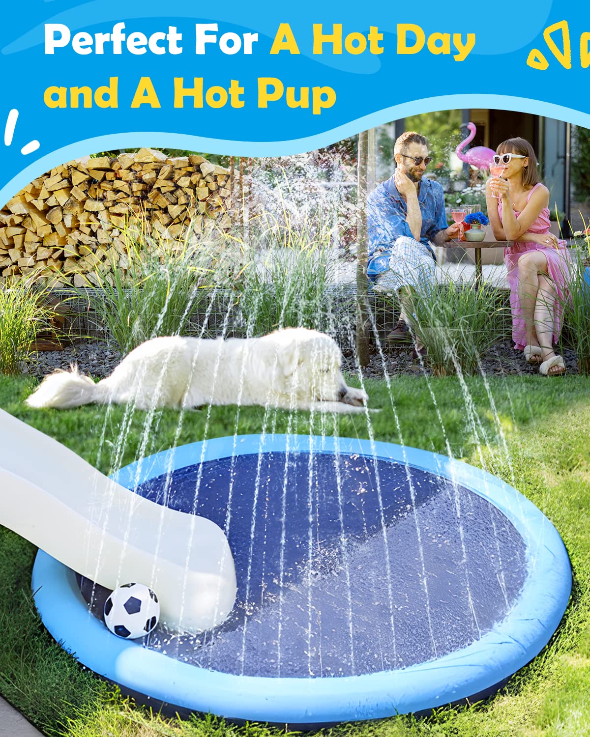 Summer Splash Pad for Dogs & Kids - Anti-Slip Dog Pool for Large Dogs, 0.58 mm Thickened Durable Outdoor Water Play Mat, Summer Sprinkler Toy for Backyard (Blue)
